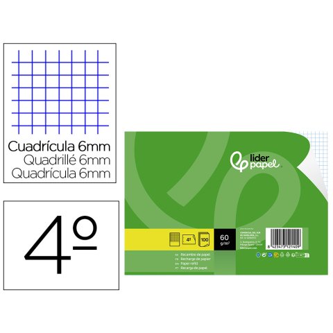 Recambio liderpapel 4º / A5+ apaisado 100 h 2tca-07 cuadro 6 mm 2 taladros con margen