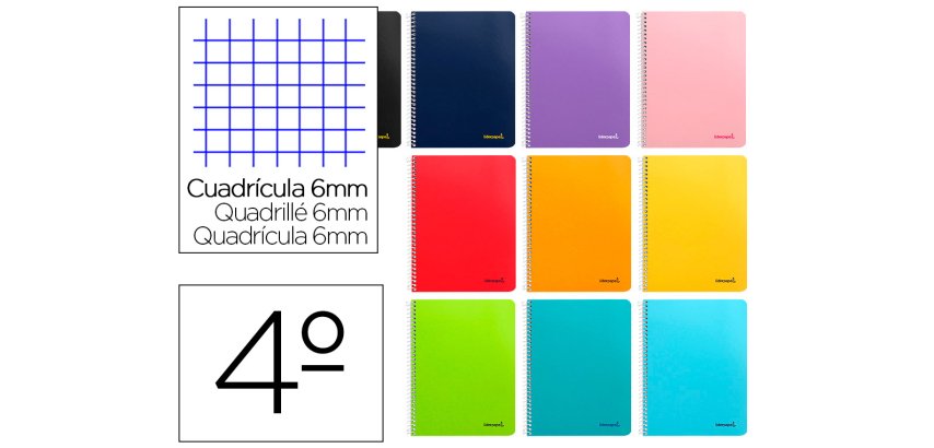 Cuaderno espiral liderpapel cuarto smart tapa blanda 80h 60gr cuadro 6mm con margen colores surtidos