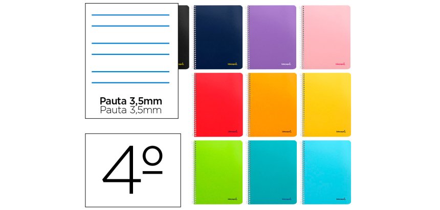 Cuaderno espiral liderpapel cuarto smart tapa blanda 80h 60gr pauta 3,5mm con margen colores surtidos