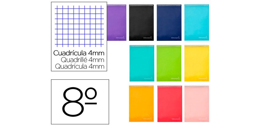 Cuaderno espiral liderpapel bolsillo octavo apaisado witty tapadura 80h 75gr cuadro 4 mm colores surtidos