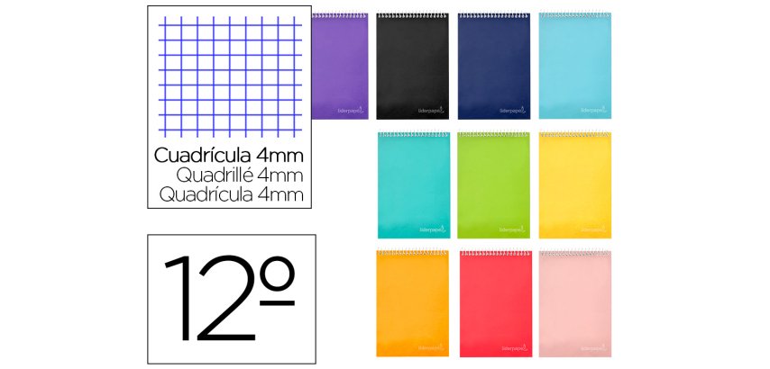 Cuaderno espiral liderpapel bolsillo doceavo apaisado witty tapa dura 80h 60gr cuadro 4 mm colores surtidos