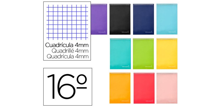 Cuaderno espiral liderpapel bolsillo diecisesisavo apaisado witty tapa dura dura 80h 60 grcuadro 4 mm colores stdos.
