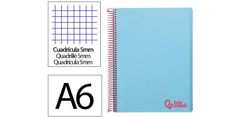 Cuaderno espiral liderpapel a6 micro wonder tapa plastico 120h 90 gr cuadro 5mm 4 bandas color celeste