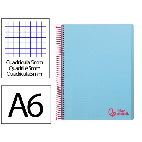 Cuaderno espiral liderpapel a6 micro wonder tapa plastico 120h 90 gr cuadro 5mm 4 bandas color celeste