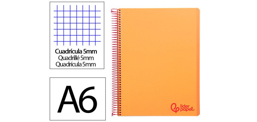 Cuaderno espiral liderpapel a6 micro wonder tapa plastico 120h 90 gr cuadro 5mm 4 bandas color naranja