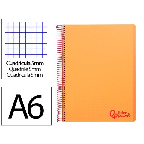 Cuaderno espiral liderpapel a6 micro wonder tapa plastico 120h 90 gr cuadro 5mm 4 bandas color naranja