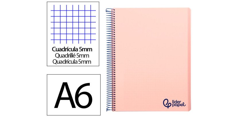 Cuaderno espiral liderpapel a6 micro wonder tapa plastico 120h 90 gr cuadro 5mm 4 bandas color rosa