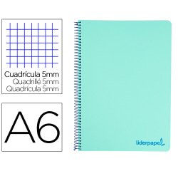Cuaderno espiral liderpapel a6 micro wonder tapa plastico 120h 90 gr cuadro 5mm 4 bandascolor verde pastel turquesa