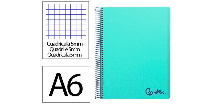 Cuaderno espiral liderpapel a6 micro wonder tapa plastico 120h 90 gr cuadro 5mm 4 bandascolor verde pastel turquesa
