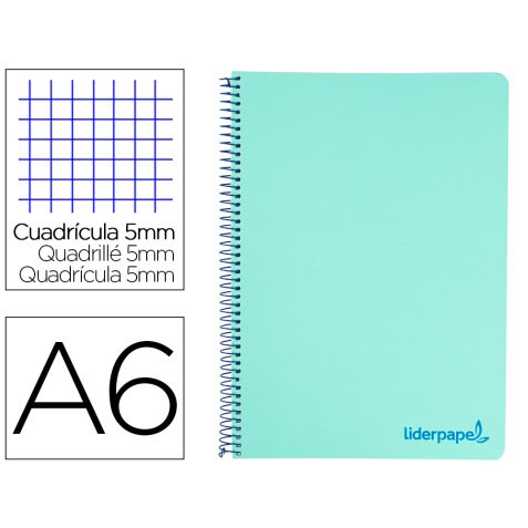 Cuaderno espiral liderpapel a6 micro wonder tapa plastico 120h 90 gr cuadro 5mm 4 bandascolor verde pastel turquesa