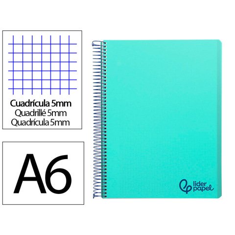 Cuaderno espiral liderpapel a6 micro wonder tapa plastico 120h 90 gr cuadro 5mm 4 bandascolor verde pastel turquesa