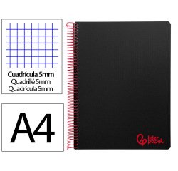 Cuaderno espiral liderpapel a4 micro wonder tapa plastico 120h 90 gr cuadro 5mm 5 bandas 4 taladros color negro