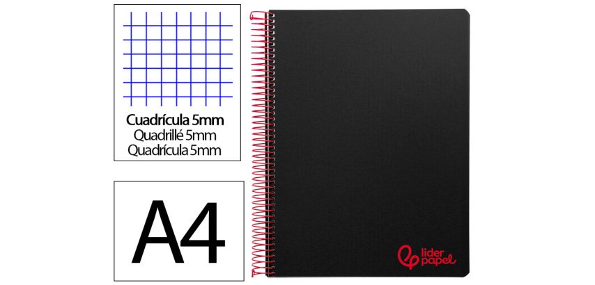 Cuaderno espiral liderpapel a4 micro wonder tapa plastico 120h 90 gr cuadro 5mm 5 bandas 4 taladros color negro