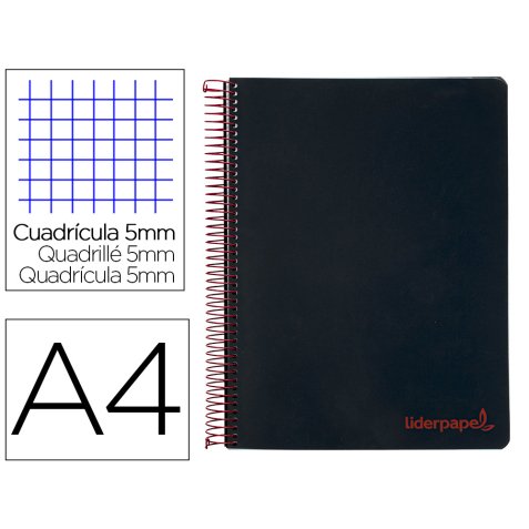 Cuaderno espiral liderpapel a4 micro wonder tapa plastico 120h 90 gr cuadro 5mm 5 bandas 4 taladros color negro