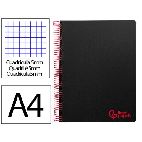 Cuaderno espiral liderpapel a4 micro wonder tapa plastico 120h 90 gr cuadro 5mm 5 bandas 4 taladros color negro