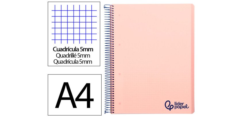 Cuaderno espiral liderpapel a4 micro wonder tapa plastico 120h 90gr cuadro 5mm 5 bandas 4 taladros color rosa
