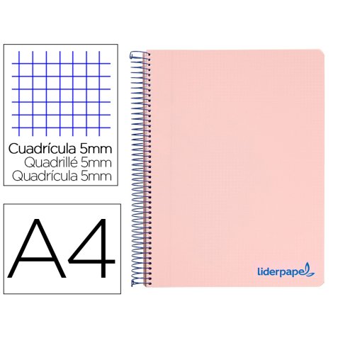Cuaderno espiral liderpapel a4 micro wonder tapa plastico 120h 90 gr cuadro 5mm 5 bandas 4 taladros color rosa