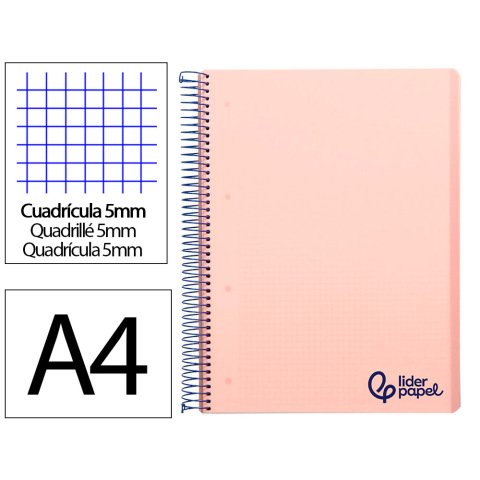 Cuaderno espiral liderpapel a4 micro wonder tapa plastico 120h 90gr cuadro 5mm 5 bandas 4 taladros color rosa