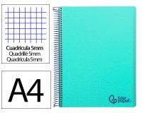 Cuaderno espiral liderpapel a4 micro wonder tapa plastico 120h 90gr cuadro 5mm 5 banda 4 taladro color verde turquesa