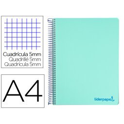 Cuaderno espiral liderpapel a4 micro wonder tapa plastico 120h 90 gr cuadro 5 mm 5 bandas 4 taladros color verde