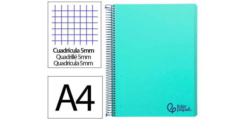 Cuaderno espiral liderpapel a4 micro wonder tapa plastico 120h 90gr cuadro 5mm 5 banda 4 taladro color verde turquesa