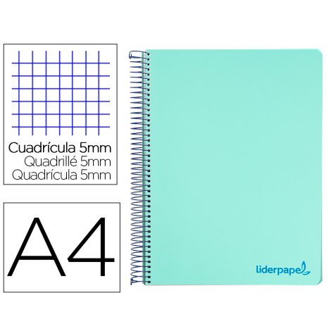 Cuaderno espiral liderpapel a4 micro wonder tapa plastico 120h 90 gr cuadro 5mm 5 banda 4 taladro color verde turquesa
