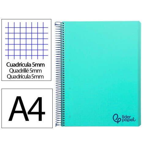 Cuaderno espiral liderpapel a4 micro wonder tapa plastico 120h 90gr cuadro 5mm 5 banda 4 taladro color verde turquesa