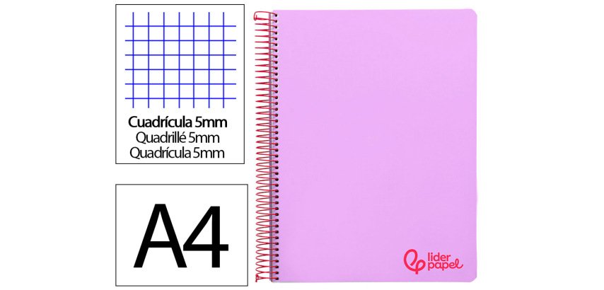 Cuaderno espiral liderpapel a4 micro wonder tapa plastico 120h 90gr cuadro 5mm 5 banda 4 taladros color lila