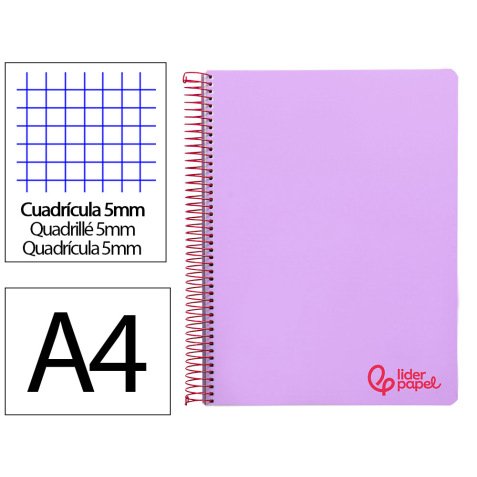 Cuaderno espiral liderpapel a4 micro wonder tapa plastico 120h 90 gr cuadro 5mm 5 banda 4 taladros color lila