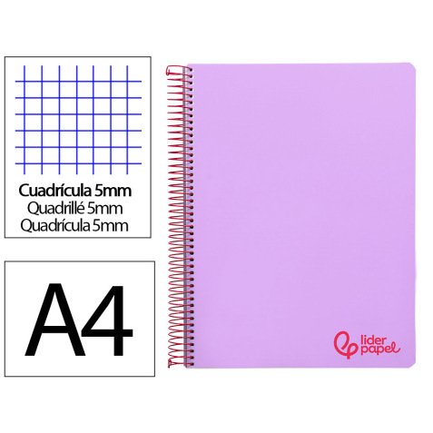 Cuaderno espiral liderpapel a4 micro wonder tapa plastico 120h 90 gr cuadro 5 mm 5 banda4 taladros color lila