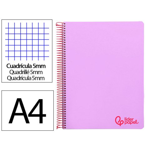 Cuaderno espiral liderpapel a4 micro wonder tapa plastico 120h 90gr cuadro 5mm 5 banda 4 taladros color lila