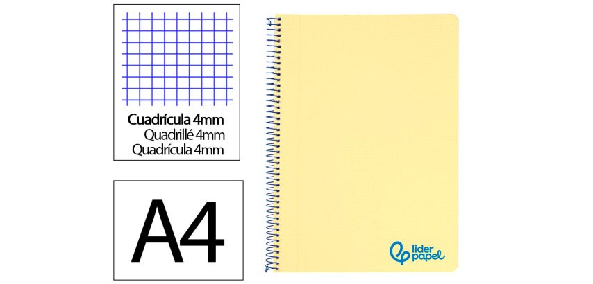 Cuaderno espiral liderpapel a4 wonder tapa plastico 80h 90gr cuadro 4mm con margen color amarillo