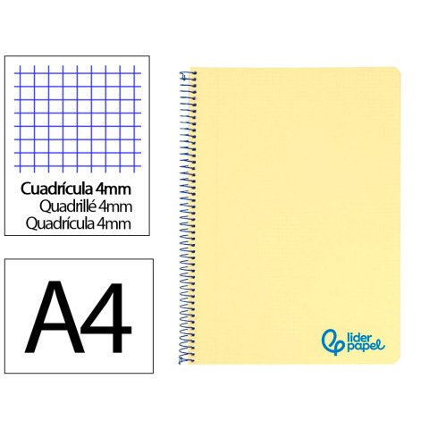 Cuaderno espiral liderpapel a4 wonder tapa plastico 80h 90gr cuadro 4mm con margen color amarillo