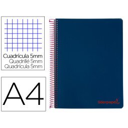 Cuaderno espiral liderpapel a4 micro wonder tapa plastico 120h 90 gr cuadro 5 mm 5 banda4 taladros color azul marino