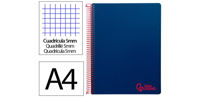 Cuaderno espiral liderpapel a4 micro wonder tapa plastico 120h 90gr cuadro 5mm 5 banda 4 taladros color azul marino