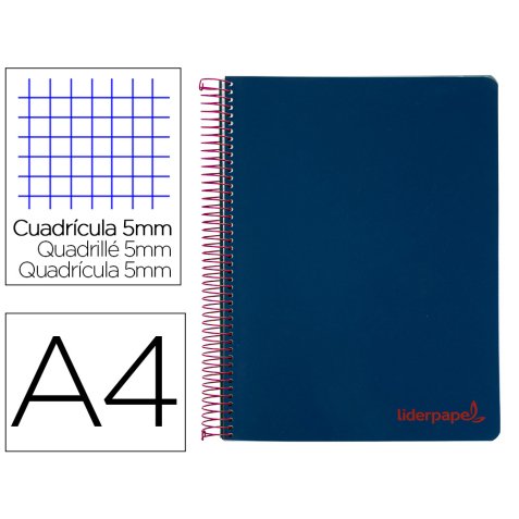 Cuaderno espiral liderpapel a4 micro wonder tapa plastico 120h 90 gr cuadro 5mm 5 banda 4 taladros color azul marino