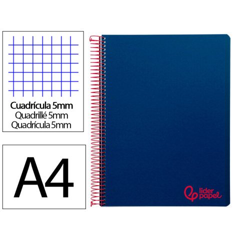 Cuaderno espiral liderpapel a4 micro wonder tapa plastico 120h 90gr cuadro 5mm 5 banda 4 taladros color azul marino