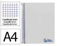 Cuaderno espiral liderpapel a4 micro wonder tapa plastico 120h 90gr cuadro 5mm 5 bandas 4 taladros color gris