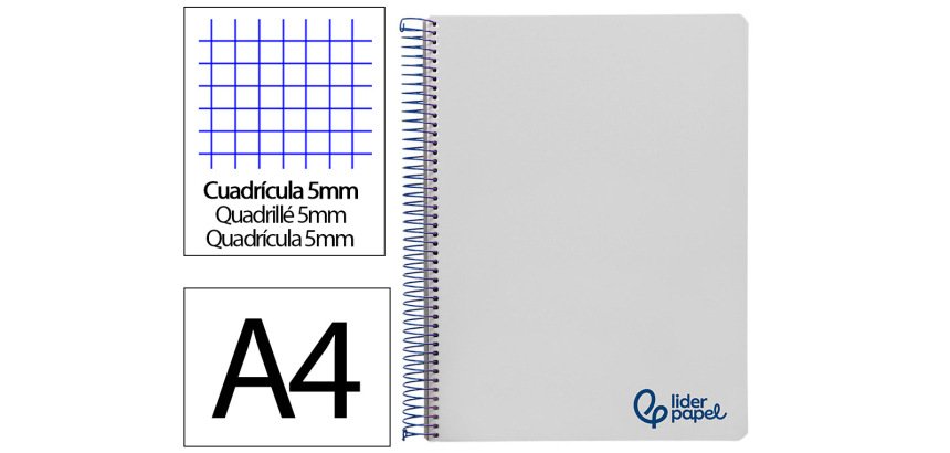 Cuaderno espiral liderpapel a4 micro wonder tapa plastico 120h 90gr cuadro 5mm 5 bandas 4 taladros color gris