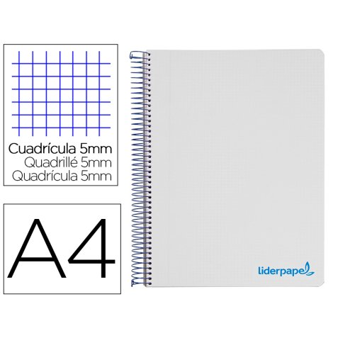 Cuaderno espiral liderpapel a4 micro wonder tapa plastico 120h 90 gr cuadro 5mm 5 bandas 4 taladros color gris