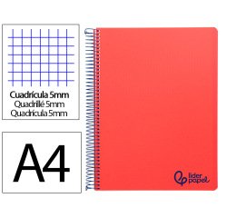 Cuaderno espiral liderpapel a4 micro wonder tapa plastico 120h 90gr cuadro 5mm 5 bandas 4 taladros color rojo