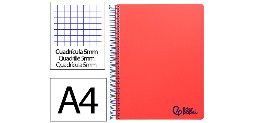 Cuaderno espiral liderpapel a4 micro wonder tapa plastico 120h 90gr cuadro 5mm 5 bandas 4 taladros color rojo