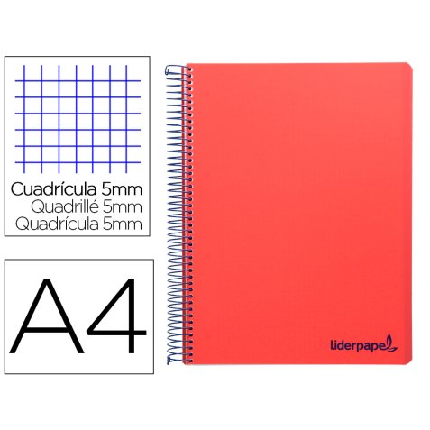 Cuaderno espiral liderpapel a4 micro wonder tapa plastico 120h 90 gr cuadro 5mm 5 bandas 4 taladros color rojo