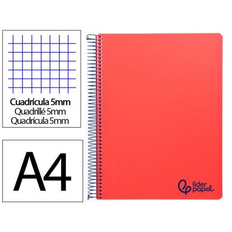 Cuaderno espiral liderpapel a4 micro wonder tapa plastico 120h 90gr cuadro 5mm 5 bandas 4 taladros color rojo