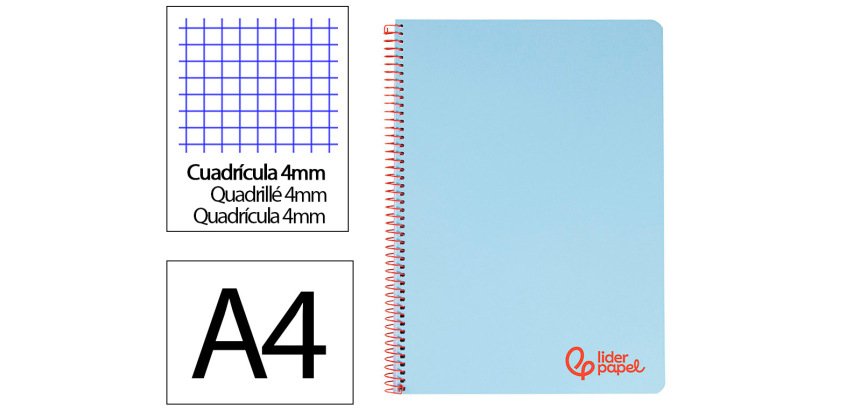 Cuaderno espiral liderpapel a4 wonder tapa plastico 80h 90gr cuadro 4mm con margen color azul