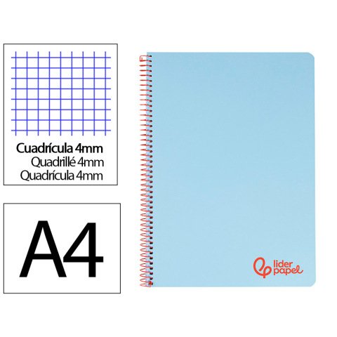 Cuaderno espiral liderpapel a4 wonder tapa plastico 80h 90gr cuadro 4mm con margen color azul