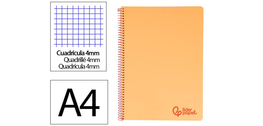 Cuaderno espiral liderpapel a4 wonder tapa plastico 80h 90gr cuadro 4mm con margen color naranja