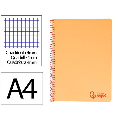Cuaderno espiral liderpapel a4 wonder tapa plastico 80h 90gr cuadro 4mm con margen color naranja