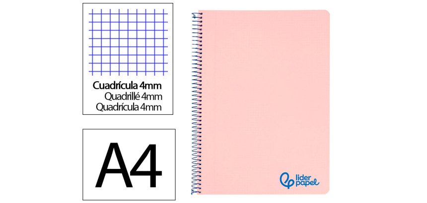 Cuaderno espiral liderpapel a4 wonder tapa plastico 80h 90gr cuadro 4mm con margen color rosa