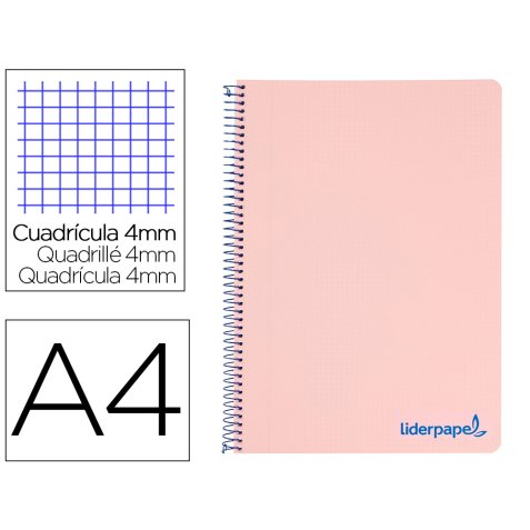 Cuaderno espiral liderpapel a4 wonder tapa plastico 80h 90gr cuadro 4mm con margen color rosa